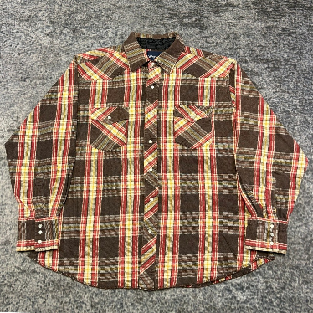 VTG Wrangler Pearl Snap Flannel Shirt Long Sleeve Plaid Brown Red Yellow Western